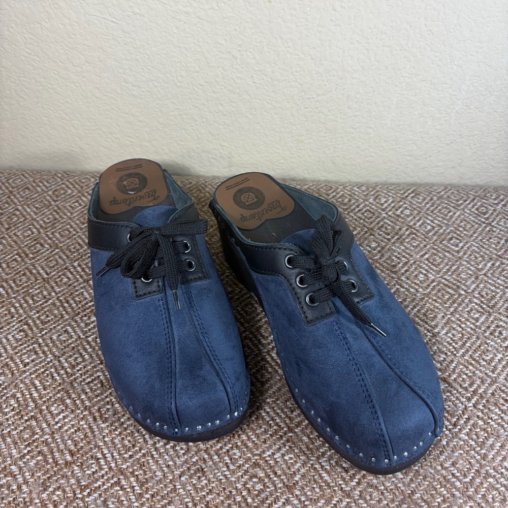 Troentorp Audubon Bastad Navy Suede Leather Clogs Sz 40 US 10 Boho Grunge Goth